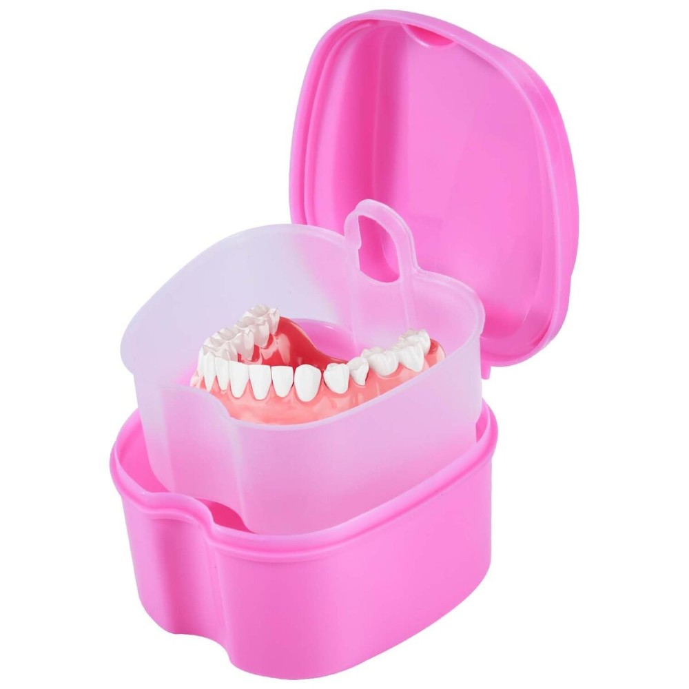 KISEER Pink Denture Bath Case Cup Box Holder Storage Soak Container with Strainer Basket for Travel Cleaning