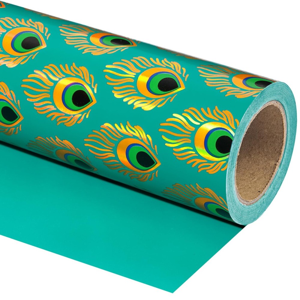 WRAPAHOLIC 30 Inch Reversible Peacock Christmas Wrapping Paper - 30 Inch x 33 Feet - Green Peacock Feather Wrapping Paper with Metallic Foil Shine for Christmas, Birthday, Holiday