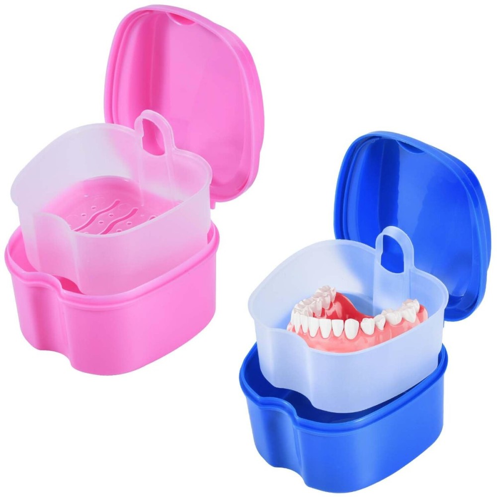 KISEER 2 Pack Colors Denture Bath Case Cup Box Holder Storage Soak Container with Strainer Basket for Travel Cleaning (Blue and Pink)
