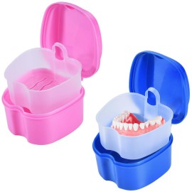 KISEER 2 Pack Colors Denture Bath Case Cup Box Holder Storage Soak Container with Strainer Basket for Travel Cleaning (Blue and Pink)