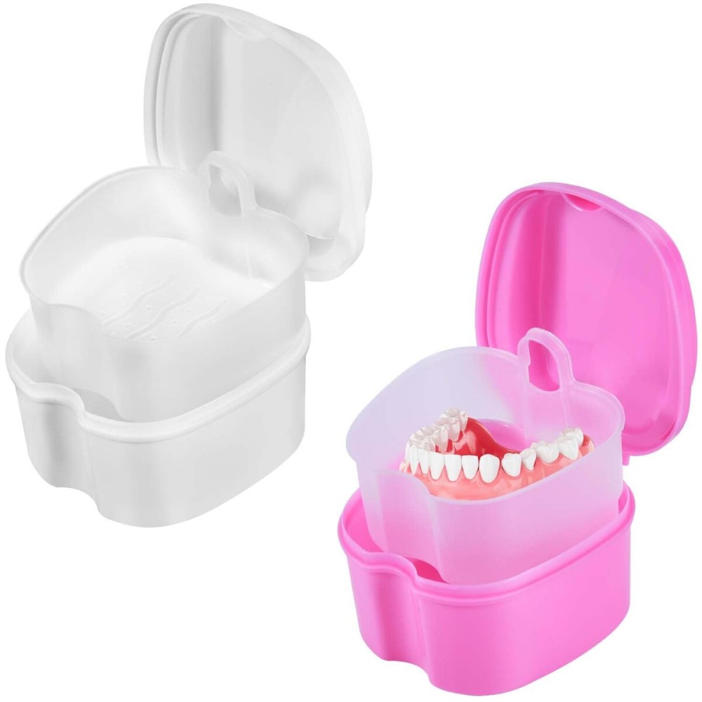 KISEER 2 Pack Colors Denture Bath Case Cup Box Holder Storage Soak Container with Strainer Basket for Travel Cleaning (White and Pink)