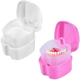 KISEER 2 Pack Colors Denture Bath Case Cup Box Holder Storage Soak Container with Strainer Basket for Travel Cleaning (White and Pink)