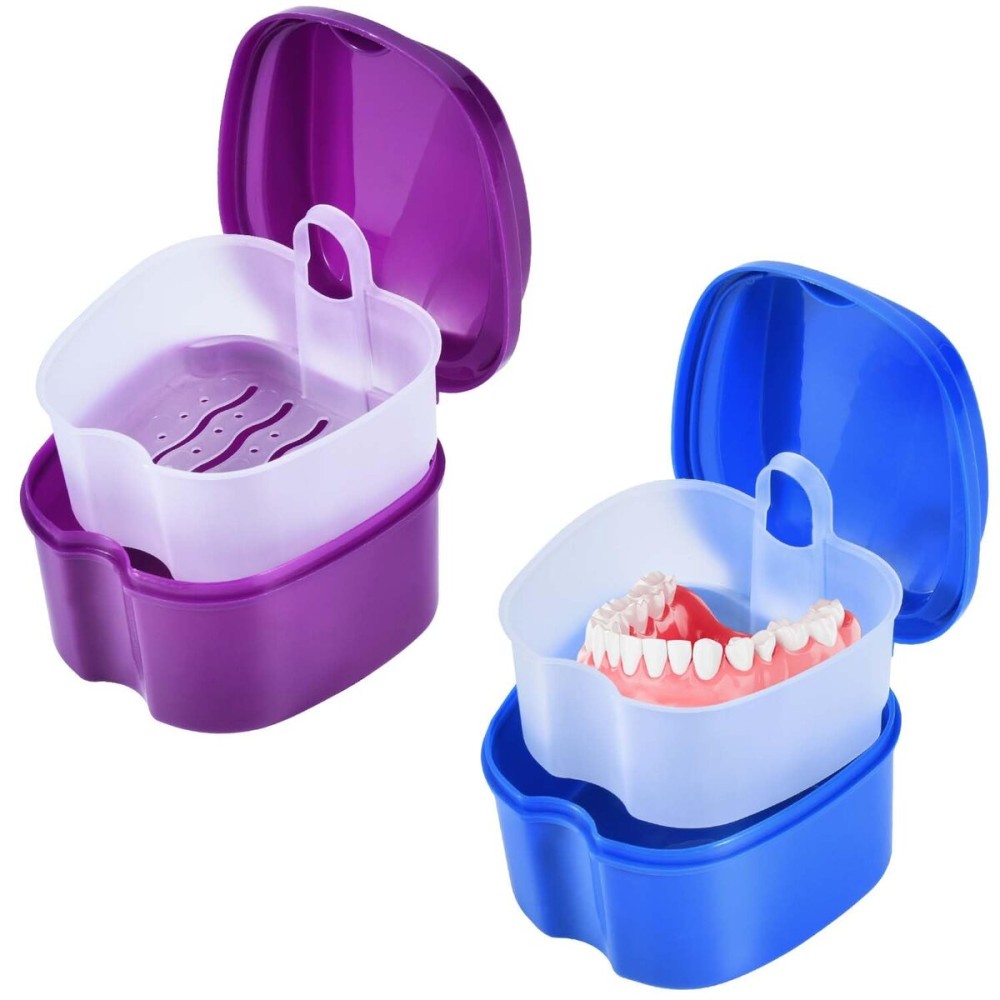 KISEER 2 Pack Colors Denture Bath Case Cup Box Holder Storage Soak Container with Strainer Basket for Travel Cleaning (Blue and Purple)