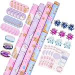 WRAPAHOLIC Christmas Wrapping Paper Set - Pastel Pink Purple Gingerbread House and Santa Wrapping Paper with Embossed Bundle with Gift Bow & Ribbon & Tag & Sticker