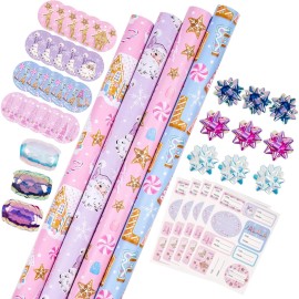 WRAPAHOLIC Christmas Wrapping Paper Set - Pastel Pink Purple Gingerbread House and Santa Wrapping Paper with Embossed Bundle with Gift Bow & Ribbon & Tag & Sticker