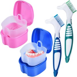 KISEER 2 Pack Denture Bath Case Cup Box Holder Storage Container with Denture Cleaner Brush Strainer Basket for Travel Cleaning (Blue and Pink)