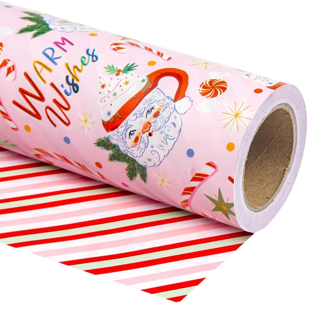 WRAPAHOLIC 30 Inch Reversible Christmas Wrapping Paper - 30 Inch x 33 Feet - Santa Claus Cup and Stripe Wrapping Paper for Chrsitmas, Holiday, Party Celebration