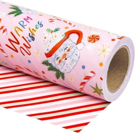 WRAPAHOLIC 30 Inch Reversible Christmas Wrapping Paper - 30 Inch x 33 Feet - Santa Claus Cup and Stripe Wrapping Paper for Chrsitmas, Holiday, Party Celebration