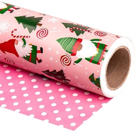 WRAPAHOLIC 30 Inch Reversible Christmas Wrapping Paper - 30 Inch x 33 Feet - Christmas Tree Wrapping Paper with Joy Lettering Perfect for Holiday, Party, Celebration