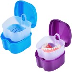 KISEER 2 Pack Colors Denture Bath Case Cup Box Holder Storage Soak Container with Strainer Basket for Travel Cleaning (Light Blue and Purple)
