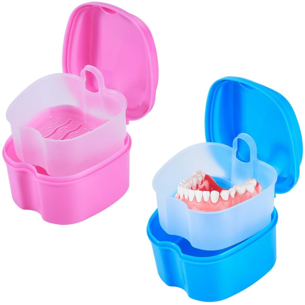 KISEER 2 Pack Colors Denture Bath Case Cup Box Holder Storage Soak Container with Strainer Basket for Travel Cleaning (Light Blue and Pink)