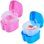 KISEER 2 Pack Colors Denture Bath Case Cup Box Holder Storage Soak Container with Strainer Basket for Travel Cleaning (Light Blue and Pink)