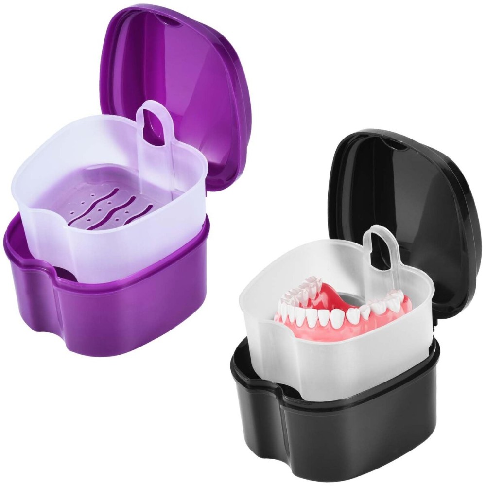KISEER 2 Pack Colors Denture Bath Case Cup Box Holder Storage Soak Container with Strainer Basket for Travel Cleaning (Purple and Black)