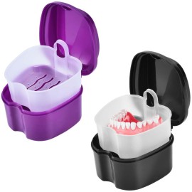 KISEER 2 Pack Colors Denture Bath Case Cup Box Holder Storage Soak Container with Strainer Basket for Travel Cleaning (Purple and Black)