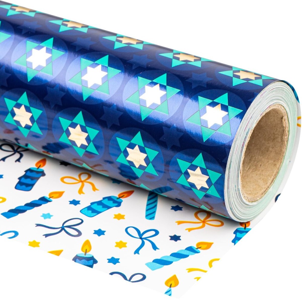WRAPAHOLIC 30 Inch Reversible Hanukkah Wrapping Paper - 30 Inch x 33 Feet - the Star of David and Candles Chanukah Wrapping Paper Perfect for Hanukkah, Chanukah, Holiday