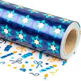 WRAPAHOLIC 30 Inch Reversible Hanukkah Wrapping Paper - 30 Inch x 33 Feet - the Star of David and Candles Chanukah Wrapping Paper Perfect for Hanukkah, Chanukah, Holiday