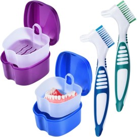 KISEER 2 Pack Denture Bath Case Cup Box Holder Storage Container with Denture Cleaner Brush Strainer Basket for Travel Cleaning (Blue and Purple)