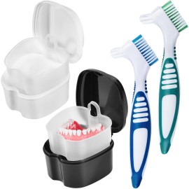 KISEER 2 Pack Denture Bath Case Cup Box Holder Storage Container with Denture Cleaner Brush Strainer Basket for Travel Cleaning (White and Black)