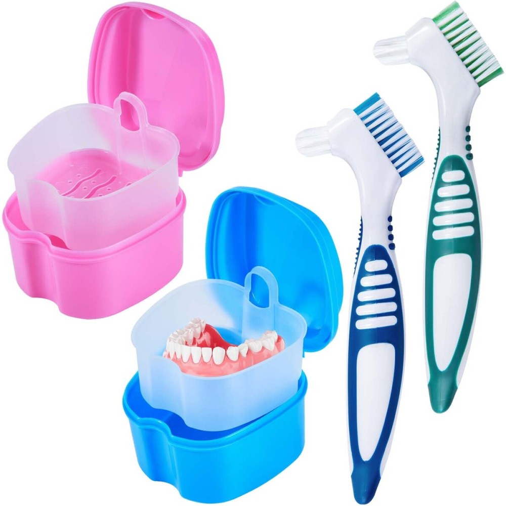 KISEER 2 Pack Denture Bath Case Cup Box Holder Storage Container with Denture Cleaner Brush Strainer Basket for Travel Cleaning (Light Blue and Pink)
