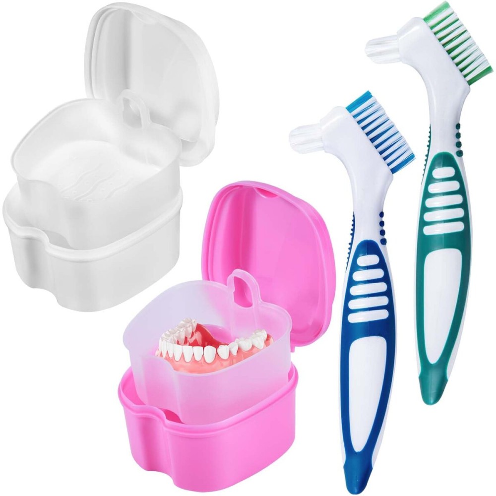 KISEER 2 Pack Denture Bath Case Cup Box Holder Storage Container with Denture Cleaner Brush Strainer Basket for Travel Cleaning (White and Pink)