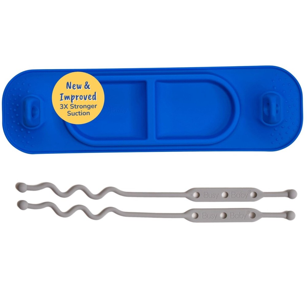 BUSY BABY Silicone Mini Mat - New and Improved Suction Cups, 2 Straps to Secure Baby Essentials, Self Feeding, Baby Led Weaning, Travel Wet Bag Included (Blue Mini)