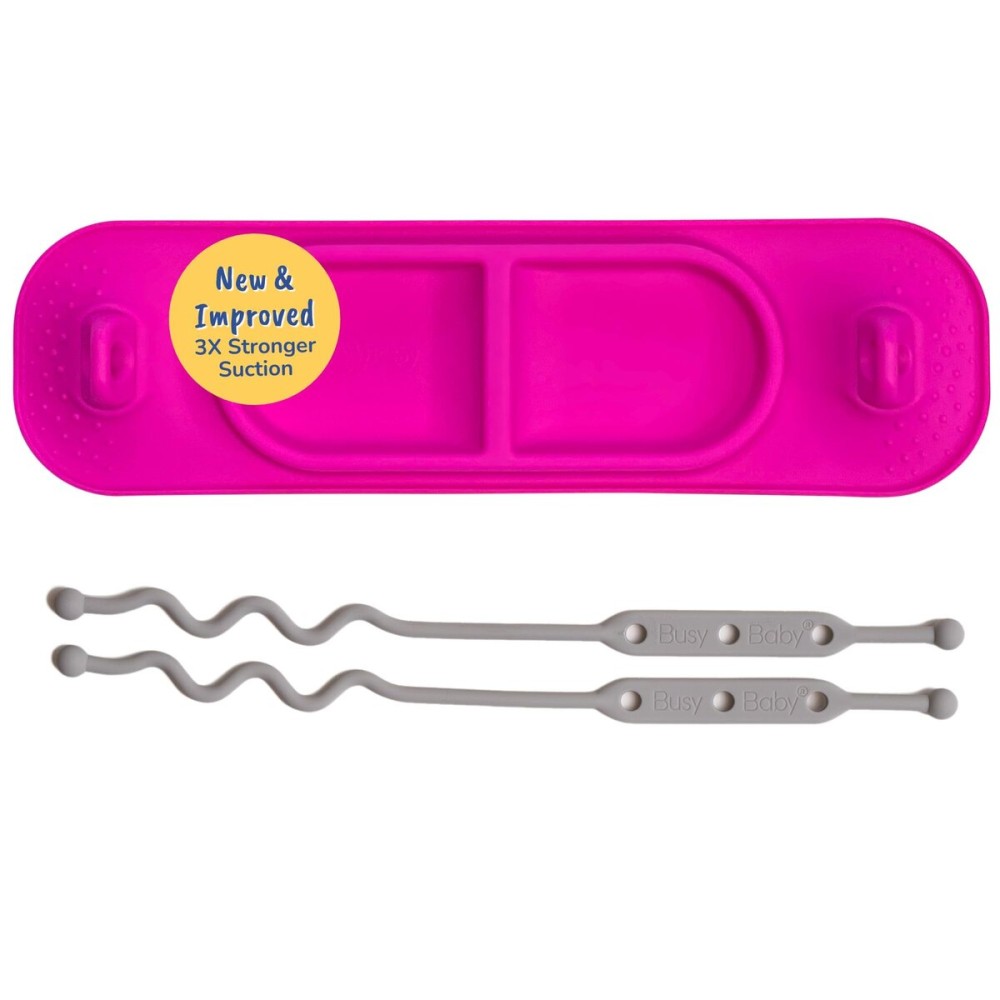 BUSY BABY Silicone Mini Mat - New and Improved Suction Cups, 2 Straps to Secure Baby Essentials, Self Feeding, Baby Led Weaning, Travel Wet Bag Included (Pink Mini)