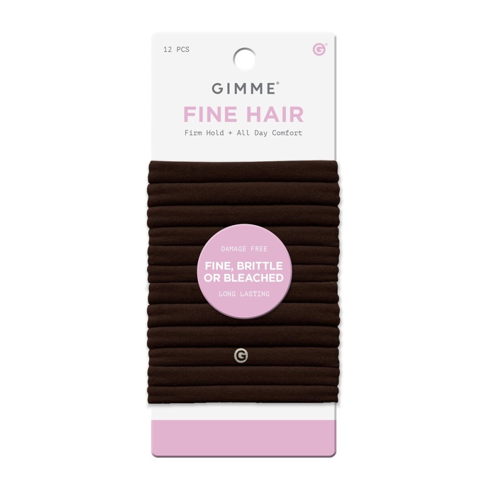 Gimme Beauty Fine Hair Elastic Bands - Slim-Fit Elastic Ties for Fine, Brittle, or Bleached Hair - No-Dent, Gentle-Grip Ponytail Holders for All-Day Comfort - 12 Pack, Dark Brown