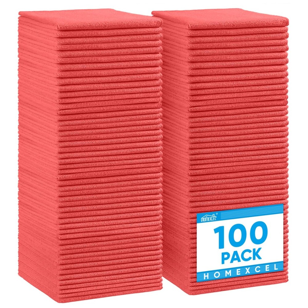HOMEXCEL Red Microfiber Cleaning Cloth, 100 Pack Cleaning Towels for Kitchen, Lint Free, Scratch-Free, Highly Absorbent, and Reusable Cleaning Rags for House, Window and Glass, Cars, 11.5 X11.5 inch