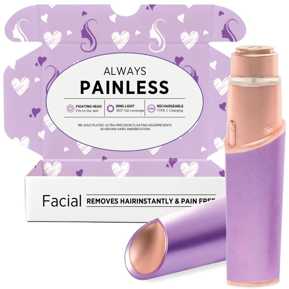 Profeir Facial Hair Removal for Women: Electric Razor for Smooth Skin Painless Trimmer Rechargeable Shaver for Upper Lip Peach Fuzz Chin Pocs Hair at Home Travel Gifts for Women(Purple)