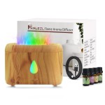 Flame Diffuser for Essential Oils, 200ml Ultrasonic Aroma Diffusers with Cool Mist, Aromatherapy Diffuser with Auto-Off Protection (Wooden Grain(7 Colors), Peppermint+Lavender+Tea Tree+Lemon)