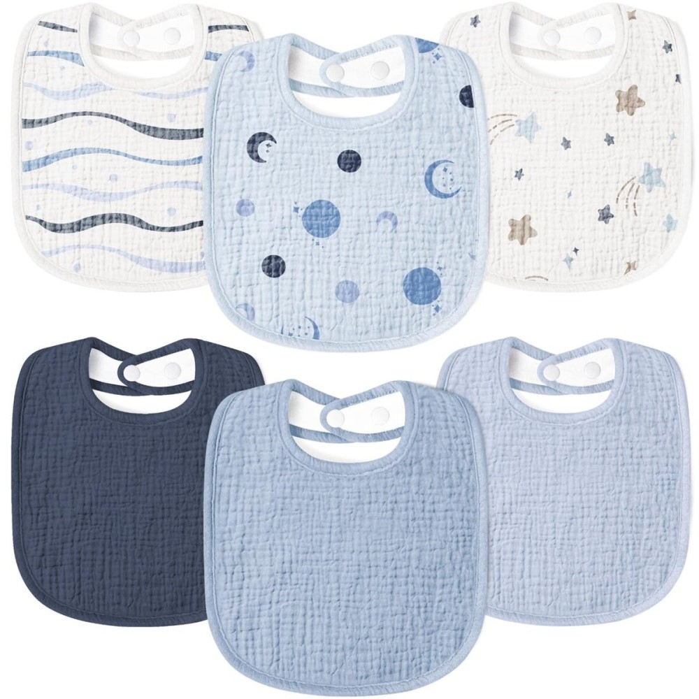 Susurration Muslin Baby Drool Bibs 6Pack Soft Square Adjustable Baby Bandana Bibs for Unisex Girls & Boys (Blue Stars)