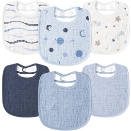 Susurration Muslin Baby Drool Bibs 6Pack Soft Square Adjustable Baby Bandana Bibs for Unisex Girls & Boys (Blue Stars)