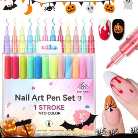 BORN PRETTY Nail Art Pens Set 12 Colors - Halloween Neon Colors 3D Nail Polish Acrylic Paint Pens Quick Dry Nail Markers for Halloween Nail Art Drawing Painting Dotting Liner Pen DIY Manicure Tools
