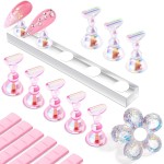 Makartt Press on Nails Stand: Clear and Pink Nail Holder for Painting Nails, Stands for Art Display Practice, Magnetic Clear Glitter Flower Fake Holders with Reusable Adhesive Putty for Home Salon DIY