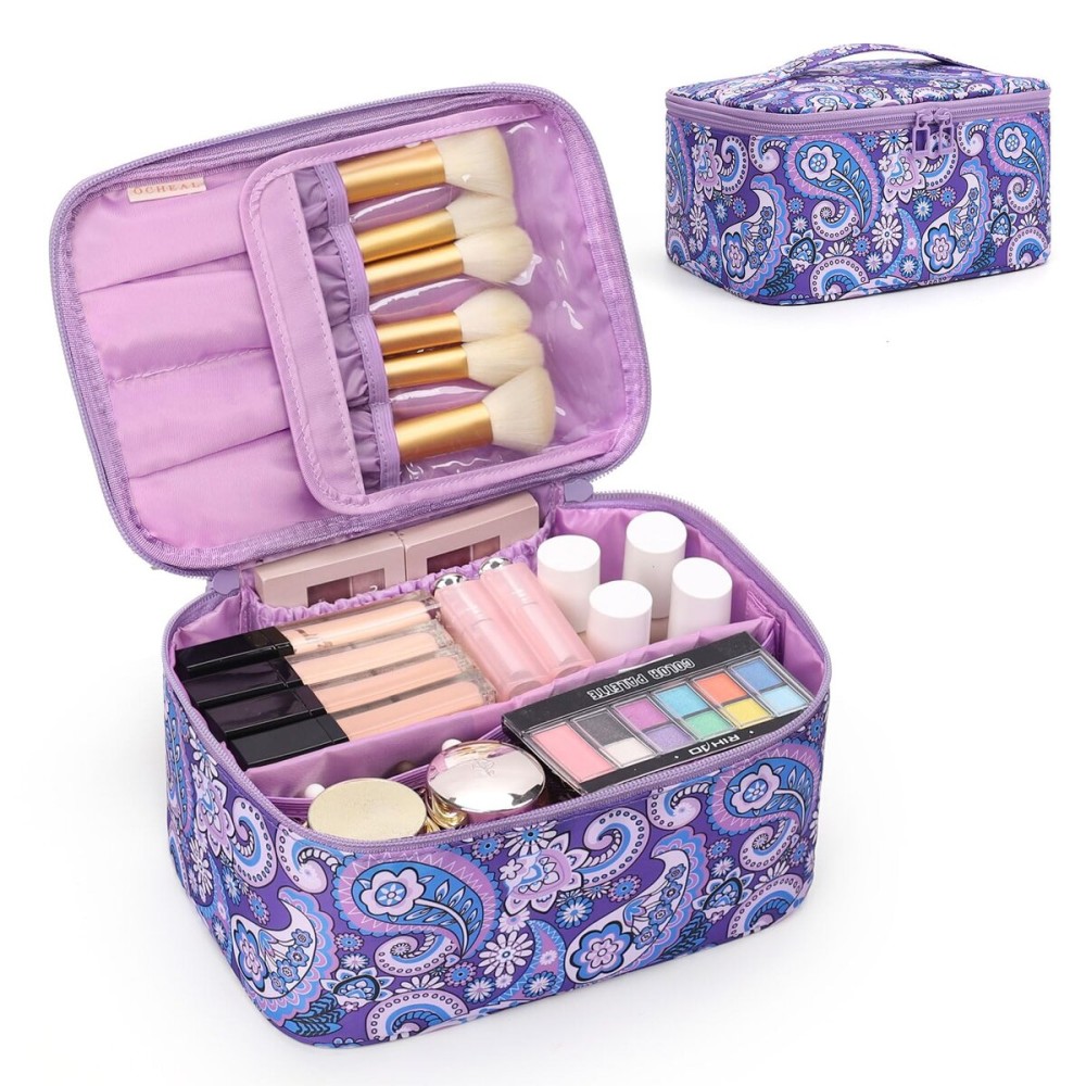 OCHEAL Makeup Bag - Portable Large Capacity Travel Cosmetic Case for Women with Handle and Divider Toiletry Organizer for Girls on the Go -Purple