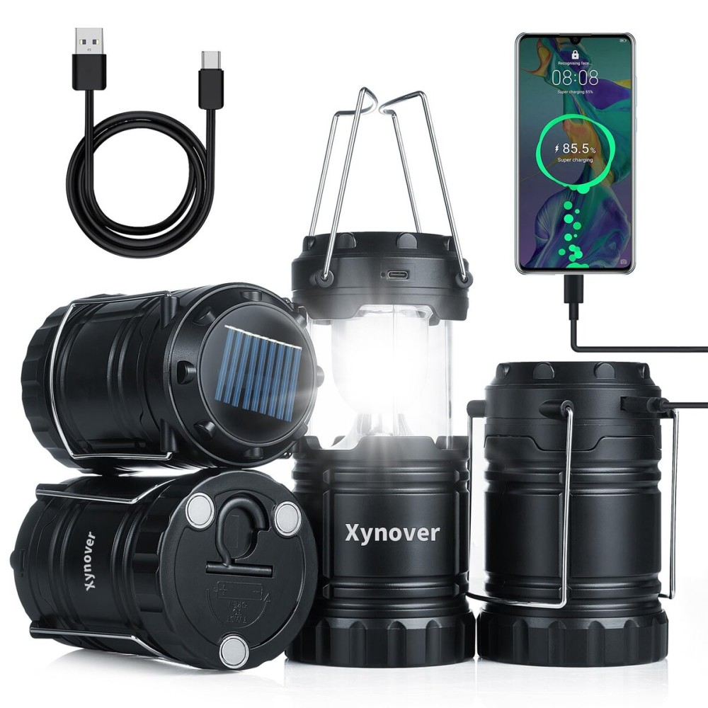 Xynover 4-Pack Solar Camping Lanterns,Rechargeable LED with USB/Solar/AA Battery,Magnetic Base,Hanging Hook,Collapsible, Waterproof for Emergency, Hiking,Hurricane,Campsites,Lanterns for Power Outages