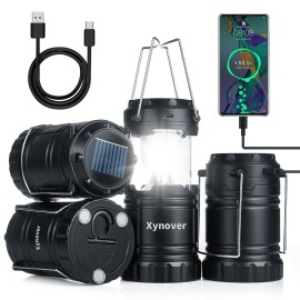 Xynover 4-Pack Solar Camping Lanterns,Rechargeable LED with USB/Solar/AA Battery,Magnetic Base,Hanging Hook,Collapsible, Waterproof for Emergency, Hiking,Hurricane,Campsites,Lanterns for Power Outages