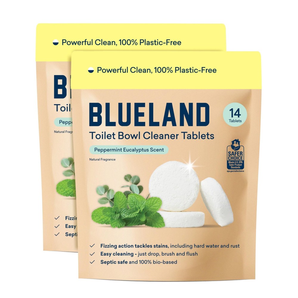BLUELAND Toilet Bowl Cleaner Tablets, 2-Pack, 28 Count, Peppermint Eucalyptus, Plastic-Free, No Harsh Chemicals, Plant-Based