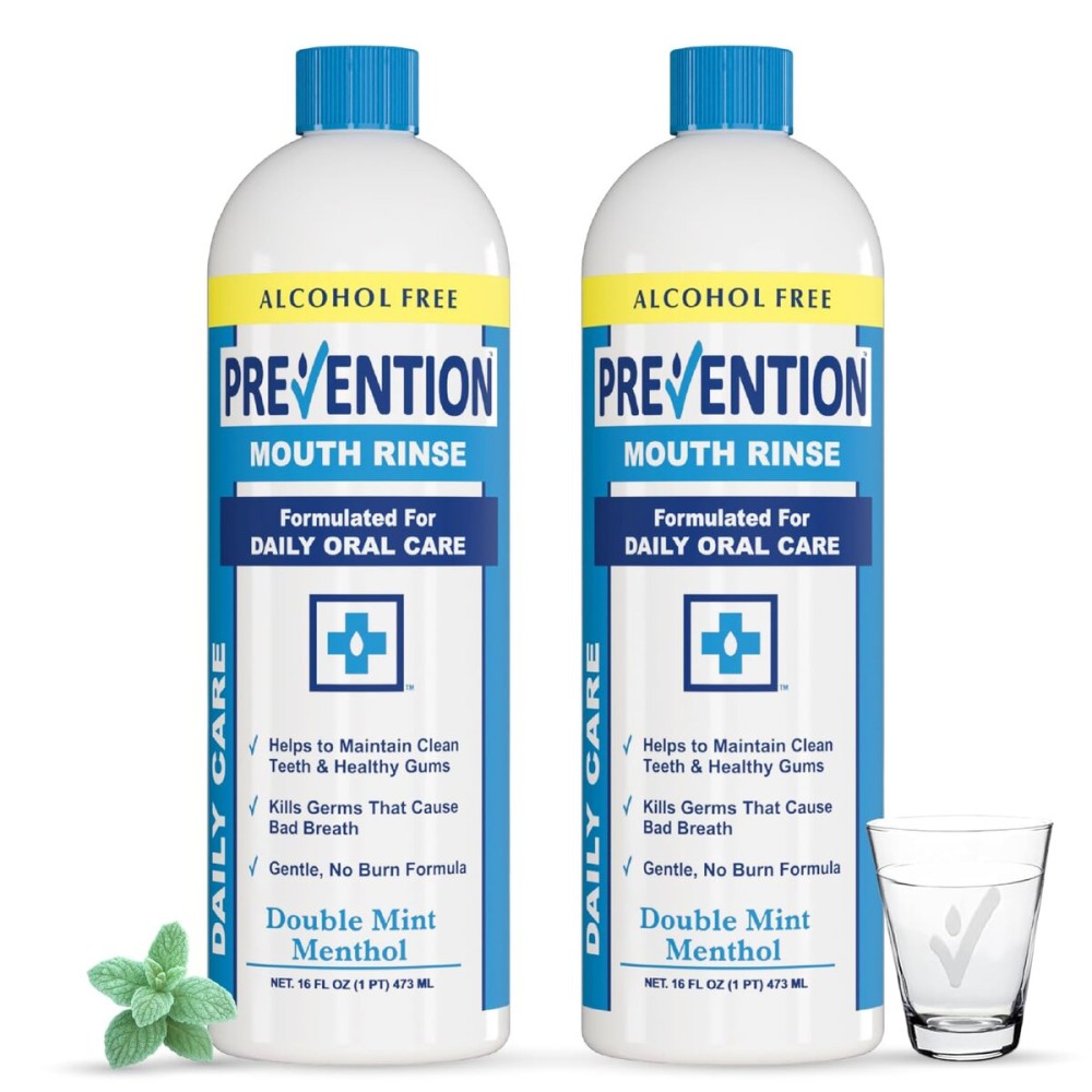 Prevention Daily Care Alcohol-Free Mouthwash, Hydrogen Peroxide Teeth Whitening with Soothing Double Mint for Bad Breath Treatment, Fluoride-Free Gum Care Oral Mouth Rinse 16 oz 2 Pack
