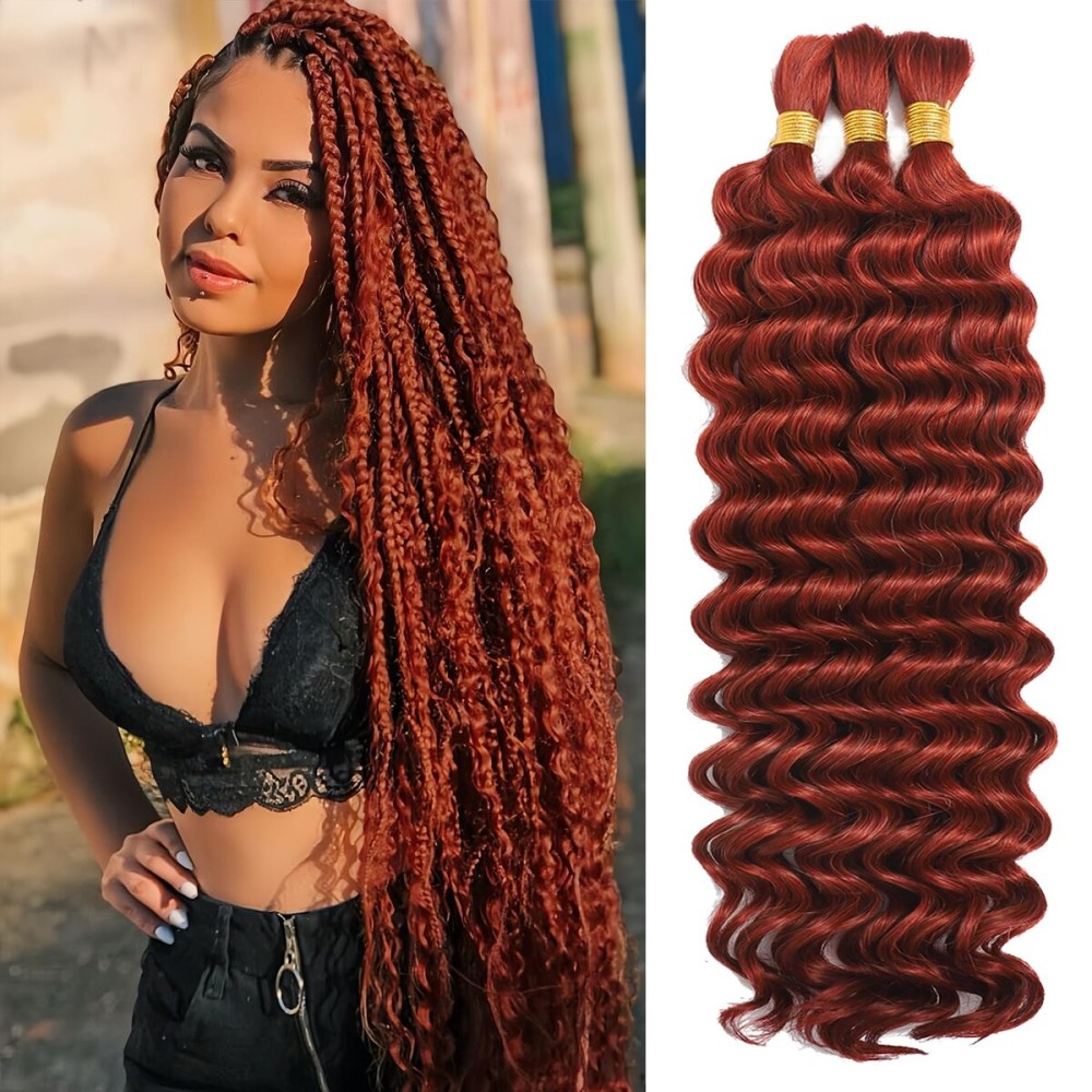 Human Braiding Hair for Boho Braids Human Hair 3 Bundles/Pack 110g 18 Inch Deep Wave Bulk Human Hair for Braiding Curly Knotless 12A Brazilian Virgin Copper