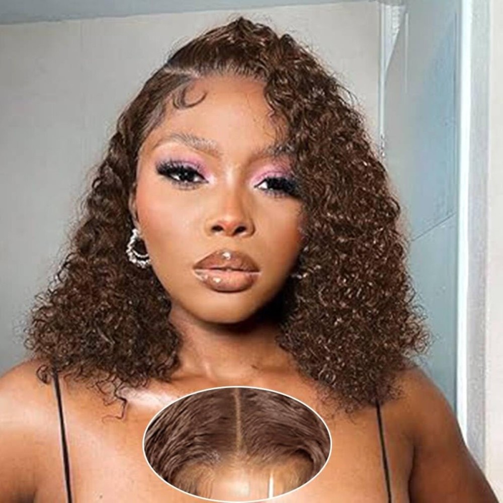 Wear and Go Glueless Wigs Human Hair Pre Plucked Pre Cut Chocolate Brown Lace Front Wigs for Black Women 180 Density Water Wave Bob Wig Human Hair Colored Curly Wig (Chocolate Brown Color, 14 Inch)