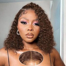 Wear and Go Glueless Wigs Human Hair Pre Plucked Pre Cut Chocolate Brown Lace Front Wigs for Black Women 180 Density Water Wave Bob Wig Human Hair Colored Curly Wig (Chocolate Brown Color, 14 Inch)