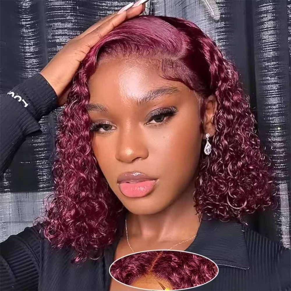 Srakuw Wear and Go Glueless Wigs Human Hair Pre Plucked Pre Cut 99j Burgundy Lace Front Wigs for Black Women 180 Density Water Wave Bob Wig Colored Human Hair Curly Wig (99j Burgundy Color, 12 Inch)