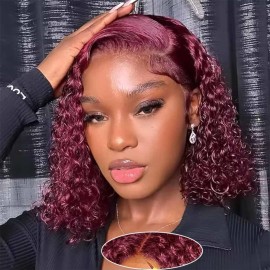 Srakuw Wear and Go Glueless Wigs Human Hair Pre Plucked Pre Cut 99j Burgundy Lace Front Wigs for Black Women 180 Density Water Wave Bob Wig Colored Human Hair Curly Wig (99j Burgundy Color, 12 Inch)