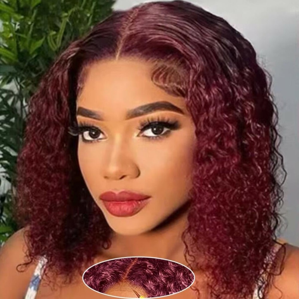 Wear and Go Glueless Wigs Human Hair Pre Plucked Pre Cut 99j Burgundy Lace Front Wigs for Black Women 180 Density Water Wave Bob Wig Colored Human Hair Curly Wig (99j Burgundy Color, 14 Inch)