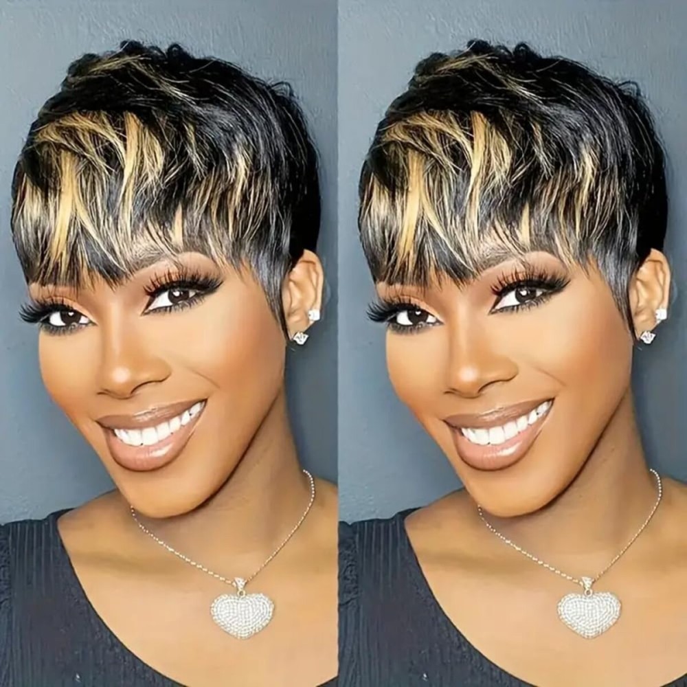 QiaQiaRing Pixie Cut Wigs For Black Women 1b/30 Daily Use Color Brazilian Virgin Remy Human Hair Short Layered Pixie Wigs with Bangs Glueless Wear and go Lightwight for Summer (1b/30)