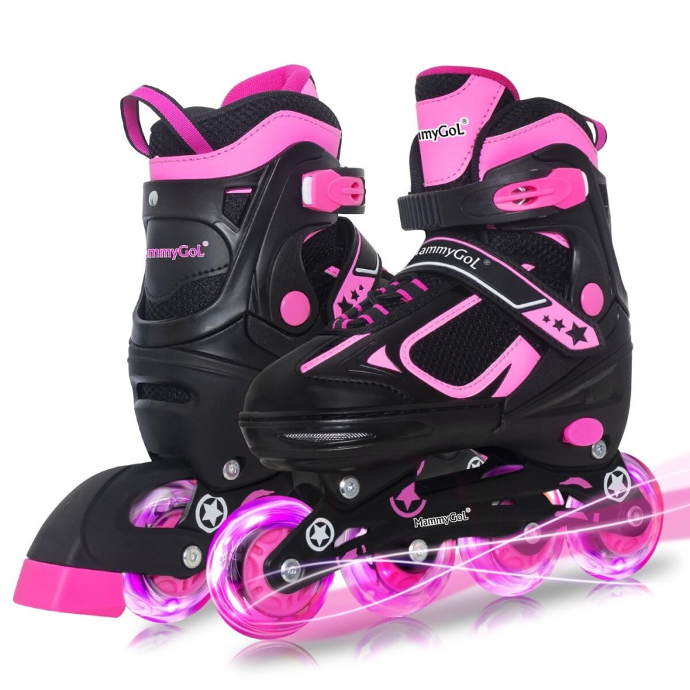 MammyGol Adjustable Inline Skates for Girls Kids Boys Youth with Light up Wheels, Rose Red Beginner Blades Roller Skates for Boys Size 1 2 3 4 Ages 4-12