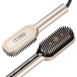 TYMO Hair Straightener Brush - Upgraded Ionic Plus Straightening Brush with Dense Bristles, 16 Temps, Dual Voltage | Ceramic Hot Comb for Women | Flat Iron for Thick Curly Hair, Gold