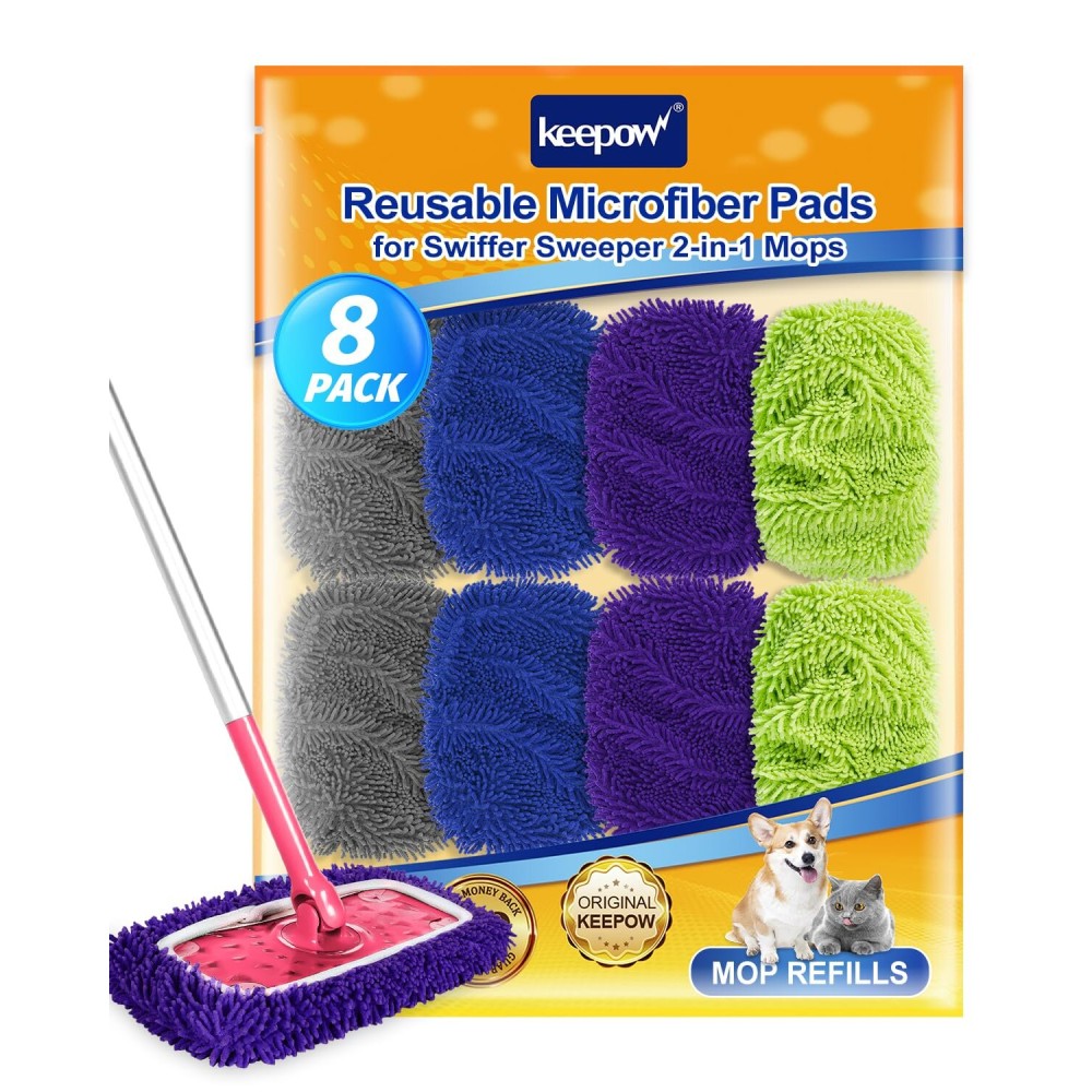 8Pcs Reusable Microfiber Mop Pads Compatible with Swiffer Sweeper Mop, Replacement Wet Mopping pad Refills & Washable Dry Sweeping Cloths for Surface/Hardwood Floor Cleaning