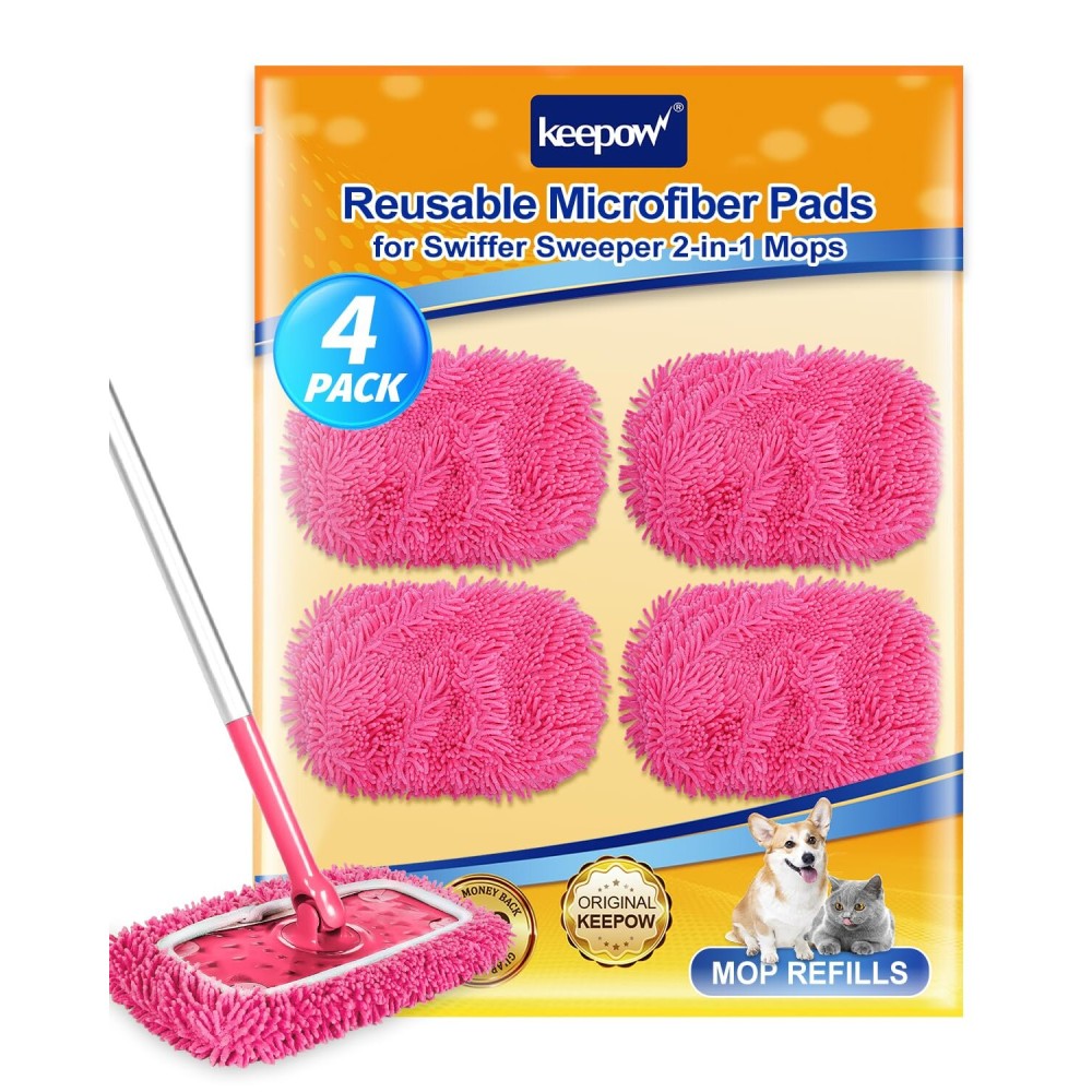 KEEPOW Pink Reusable Dry Sweeping Cloths Microfiber Wet Mop Pads Compatible with Swiffer Sweeper Mop Replacement Sweeping Mopping pad Refills for Hardwood Surface Floor Cleaning (4PCS)